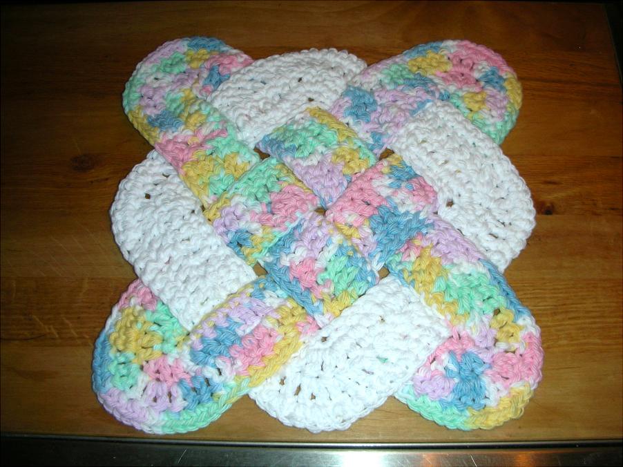 Celtic Knot Squares- a lot of fun!,  little strips waived together-002-8-10-13-hotpad-boat-jpg