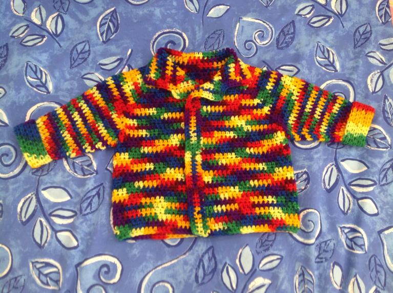 Toddlers size 1 - 2 cardigan to show off variegated yarn.-image-jpg