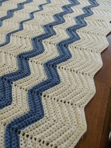 &quot;BLUE WITH ENVY&quot;  White chevron afghan with blue stripes.  GrannyBlankets.com-white-blue-chevron-afghan-blanket-jpg