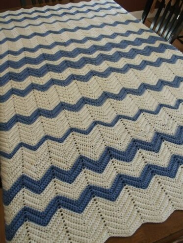 &quot;BLUE WITH ENVY&quot;  White chevron afghan with blue stripes.  GrannyBlankets.com-white-blue-chevron-afghan-blankets-jpg