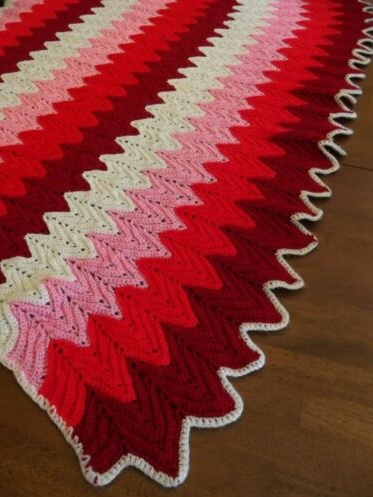 &quot;LIL DEVIL&quot;  Red, pink, and white chevron.  GrannyBlankets.com-lil-devil-afghan-throw-blanket-jpg