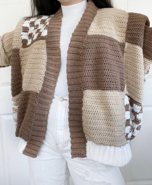 Brown Patchwork Cardigan for Women, 32&quot; to 64&quot;-q1-jpg