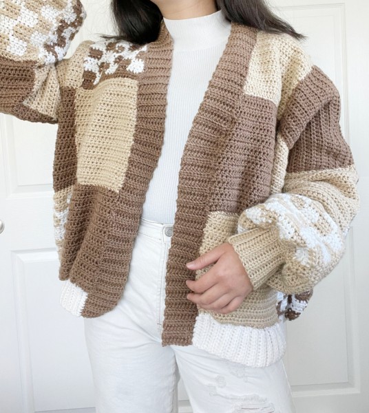 Brown Patchwork Cardigan for Women, 32&quot; to 64&quot;-q2-jpg