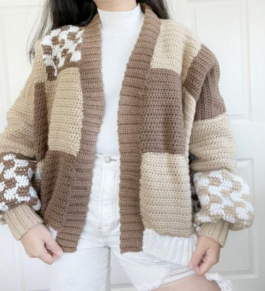 Brown Patchwork Cardigan for Women, 32&quot; to 64&quot;-q3-jpg