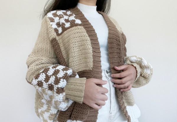 Brown Patchwork Cardigan for Women, 32&quot; to 64&quot;-q4-jpg
