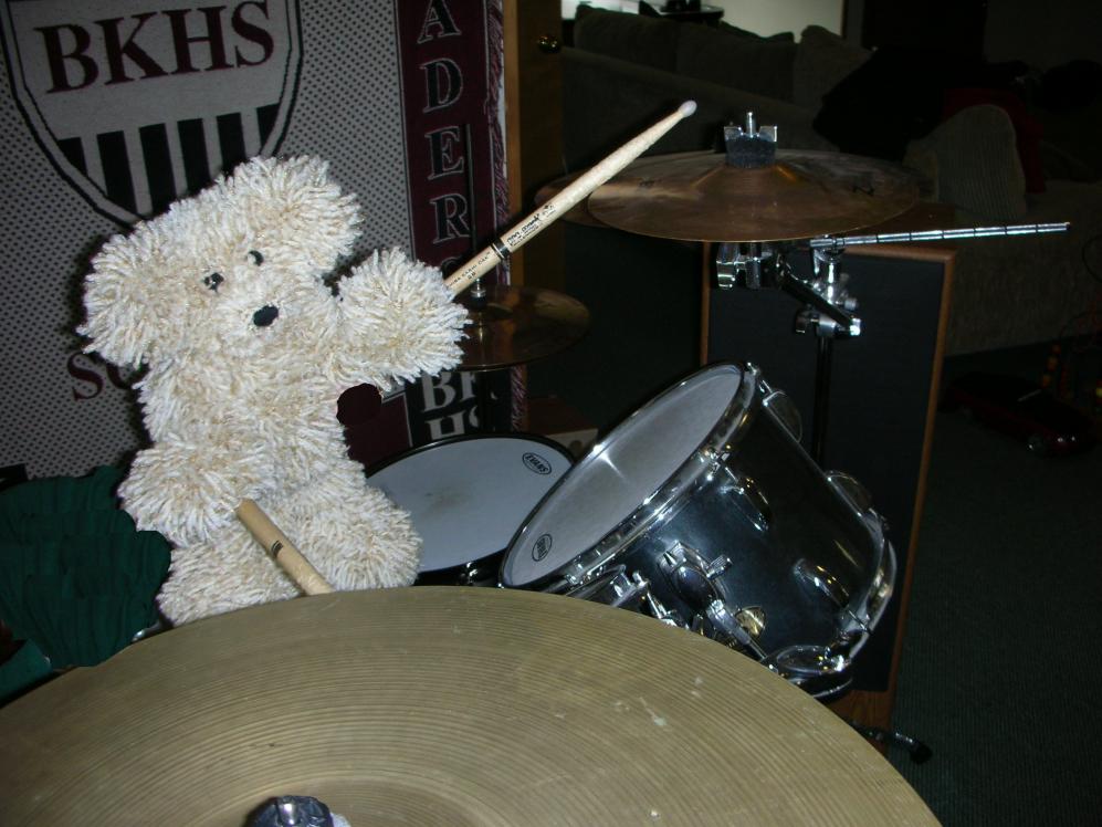 Photos of My Crocheted Bear, Scruffy-111-scruffy-playing-drums-helows-jpg